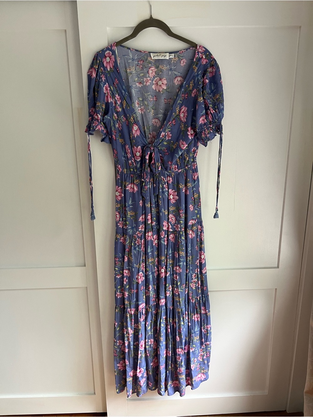 Blue Floral Tie-Front Maxi Dress with Pink Blossoms